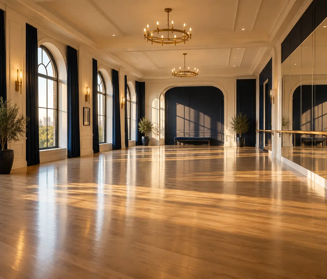 Sunlight across the wooden floor of an inviting ballroom studio